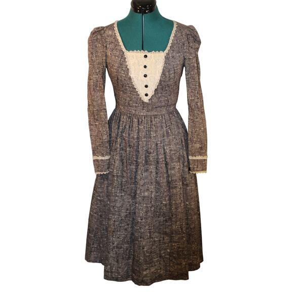 Vintage Candi Jones Prairie Dress Gray Lace Long Sleeve XS/S (Gunne Sax Style) - Picture 1 of 9